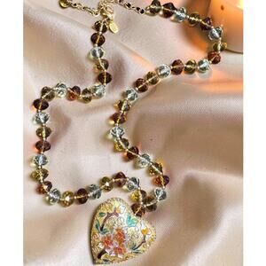 JOAN RIVERS Cloisonné Heart Necklace, Lemon & Orange Glass Beads, Gold Tone